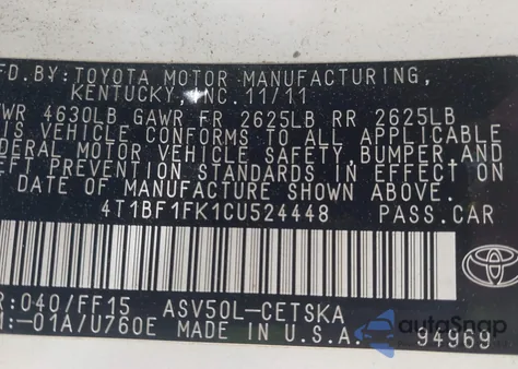 2012 Toyota Camry Se from USA, damaged, VIN 4T1BF1FK1CU524448